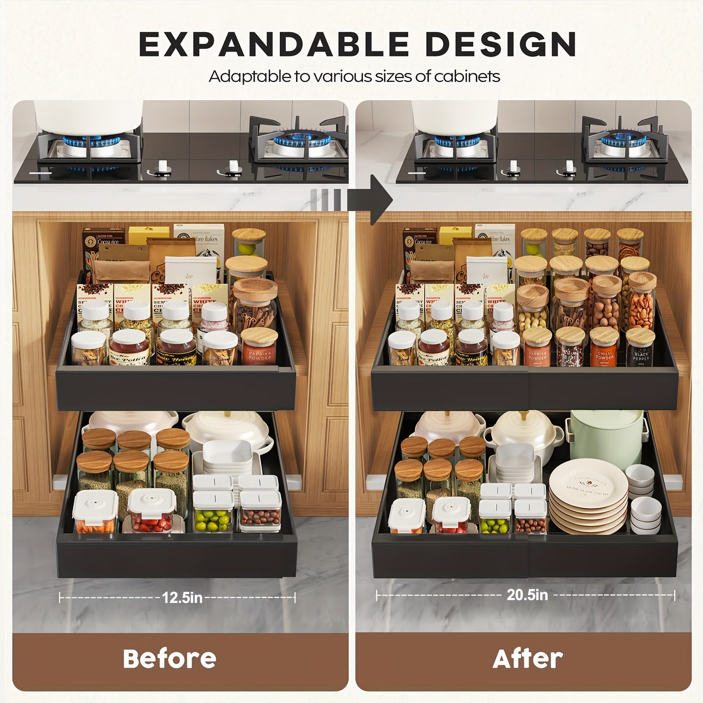 4-Drawer Heavy Duty Slide Out Cabinet Organizer - 17" Deep, Expandable Width 12.6"-20.6", Ultra-Quiet Gliding Rails, Anti-Rust Carbon Steel, Dual-Mount Adhesive/Drill, Multi-Purpose Storage for Kitchen, Bathroom, Garage (Blac