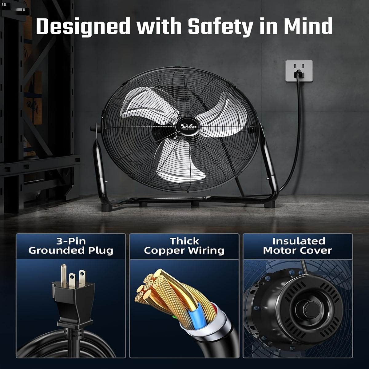 IPower 18 Inch Floor Fan 3 Speed High Velocity Industrial, Heavy Duty Metal Design for Warehouse, Workshop, Factory, And Basement Black, 1 Pack
