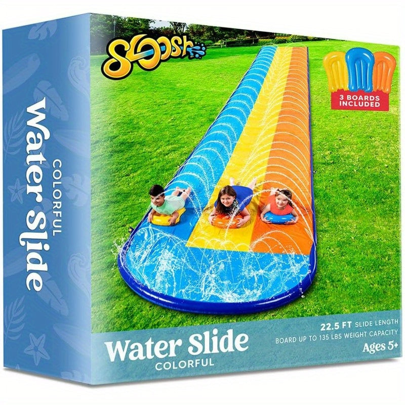JOYFY Triple Water Slide with 3 BodyBoards, 22.5ft Lawn Water Splash Slip And Slide Summer Toy Splash Pad with Build In Advanced Sprinkler for Kids Adults Backyard Summer Fun Party Games & Activities