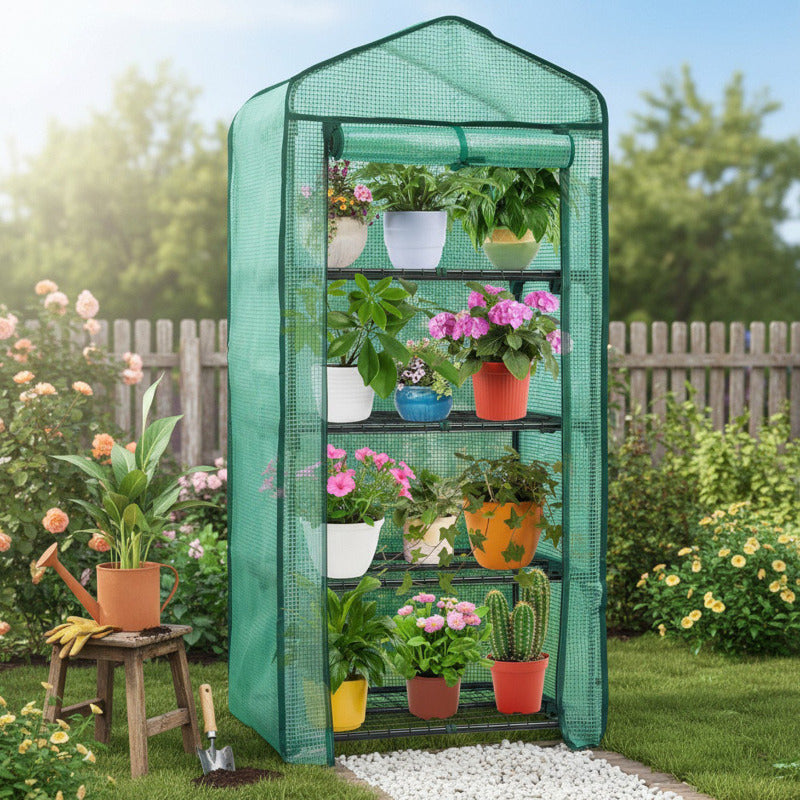 Four Tier Mini Portable Walk In Bell Shape Greenhouse Clear PVC Cover Wheels