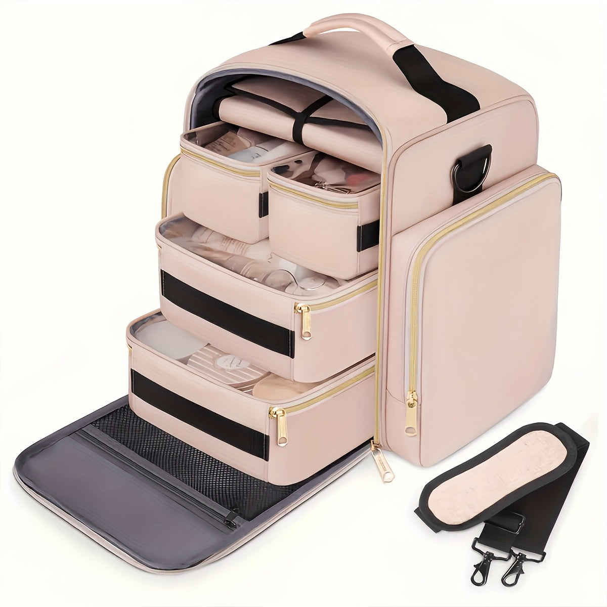 JIASLING Makeup Bag Organizer With 4 Removable Pouches And Jewelry Roll