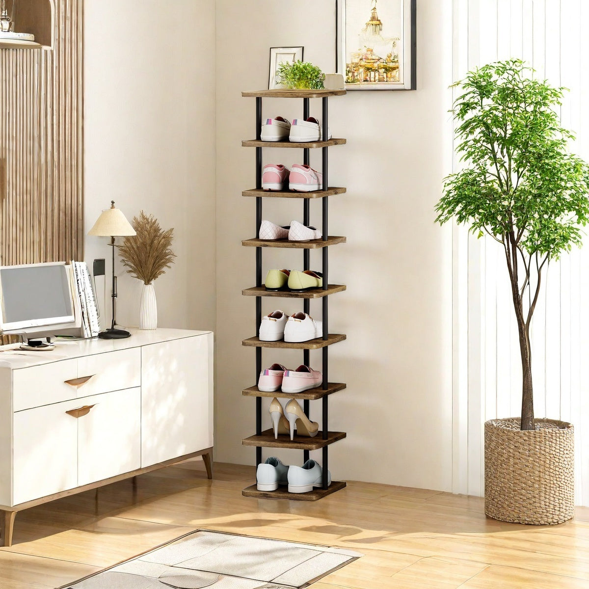 9 Tier Narrow Metal Shoe Rack - Modern Free Standing Vertical Storage Organizer for Closet Entryway Bedroom