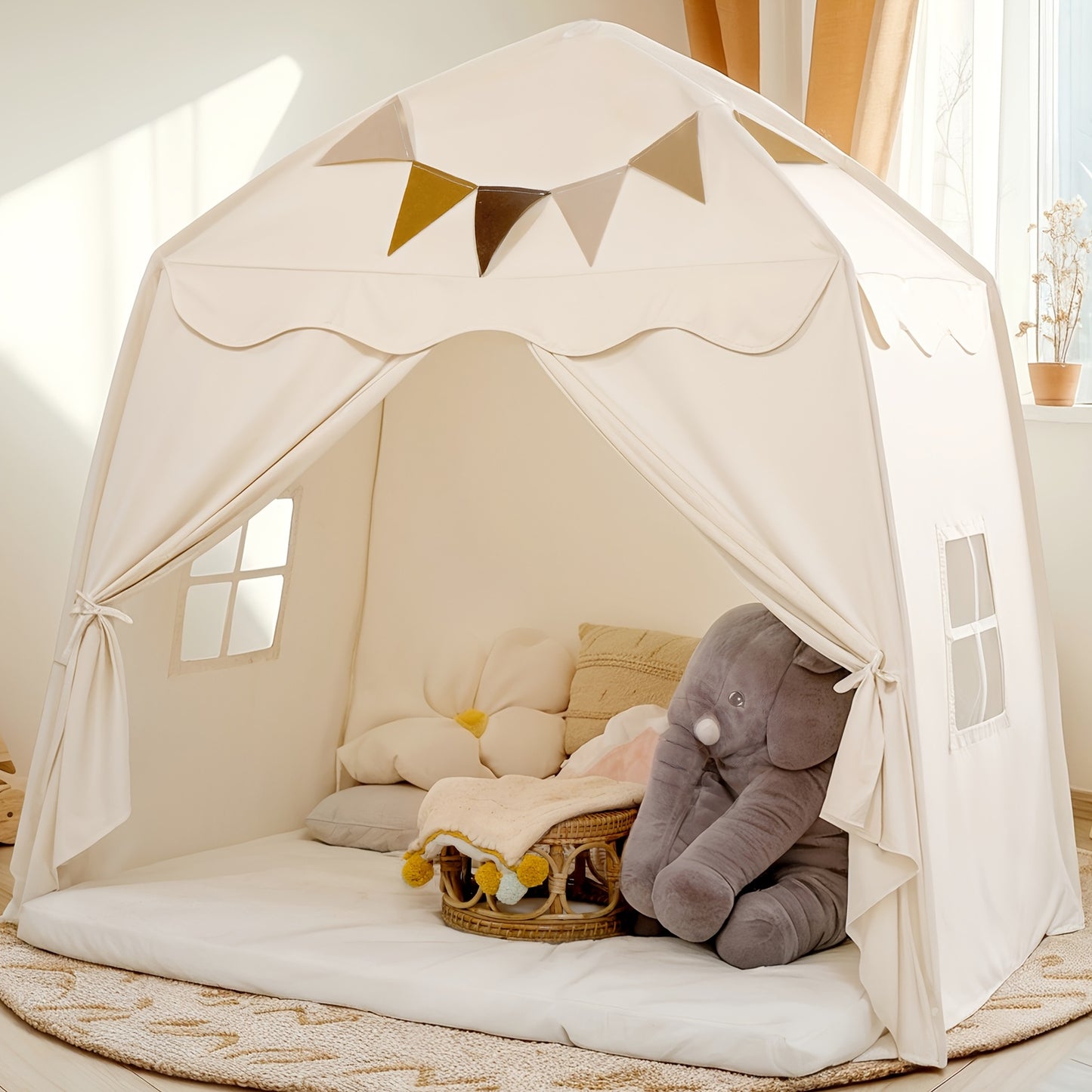 Extra Large Kids Play Tent With Flags, Portable & Foldable Teepee, Indoor Outdoor Dome Tent Playhouse, Bed Tent Bed Canopy For Boys & Girls, 59x39x59 In, Toys Not Include, Christmas & Halloween