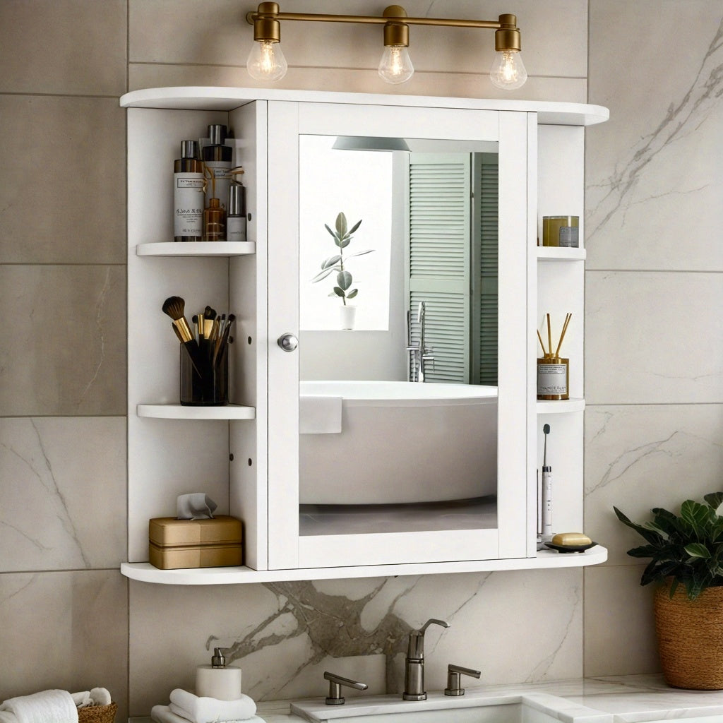 White Bathroom Wall Mount Medicine Cabinet With Mirror And Six Side Open Shelves