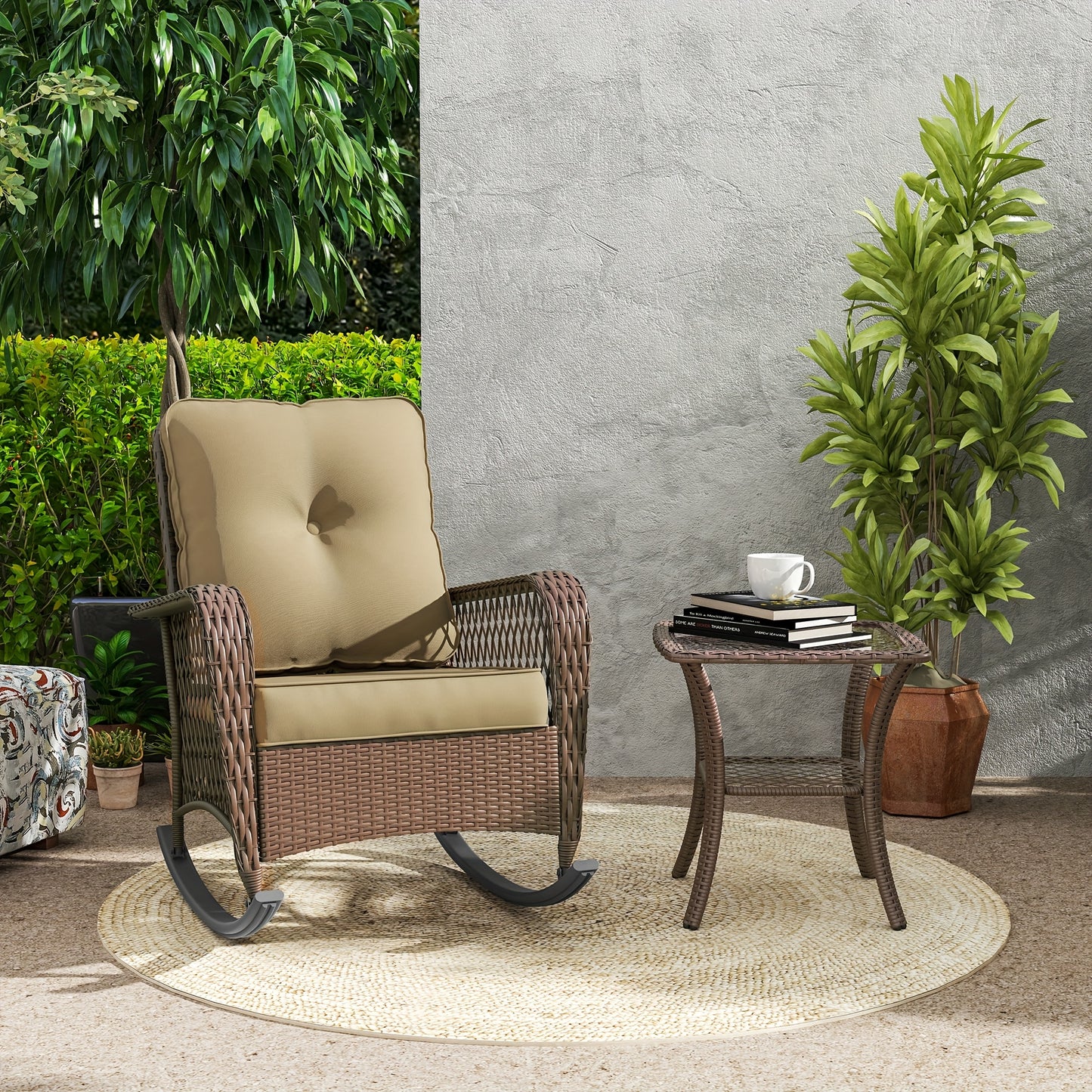 3pcs Patio Set Rocking, Rattan Outdoor Rocking Patio Bistro Set With 2 Rockers And 1 Side Table With 4'Thick Cushions For Backyard, Porch, Balcony, Poolside, And 1piece Of Chair Can Choose