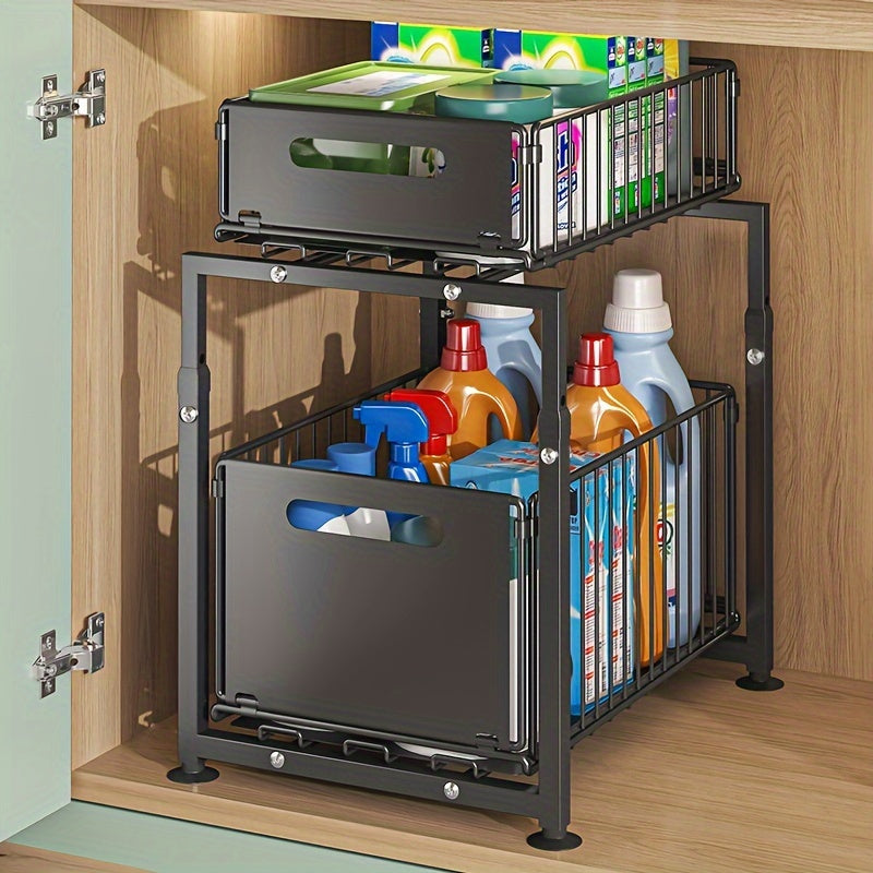 Two Level Pull Out Under Sink Organizer Carbon Steel For Kitchen Bath Storage