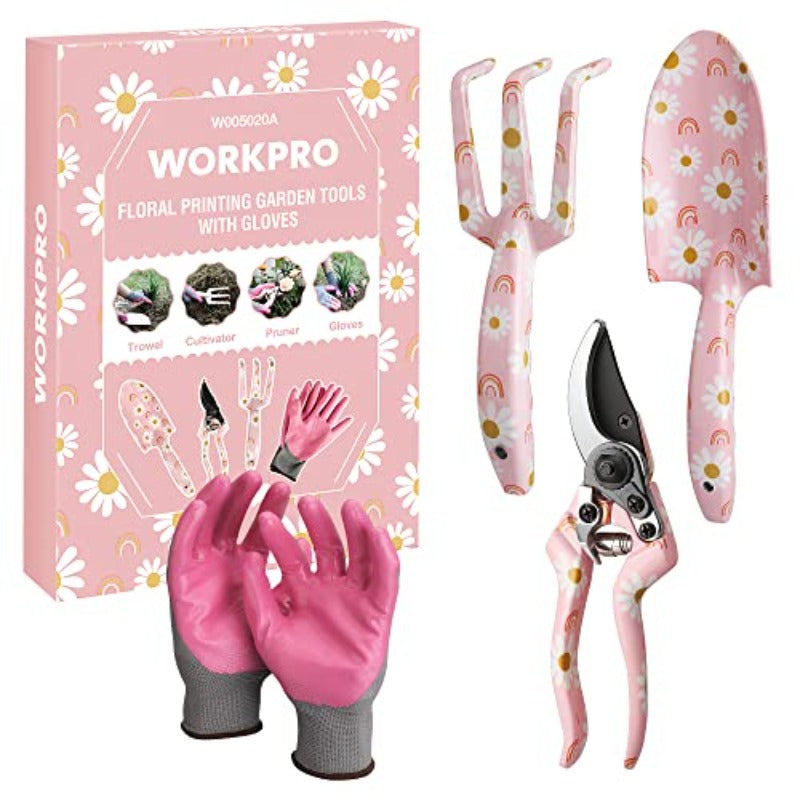 Aluminum Garden Tool Set 4 Piece With Pruning Gloves Trowel Shovel Pruner Rake