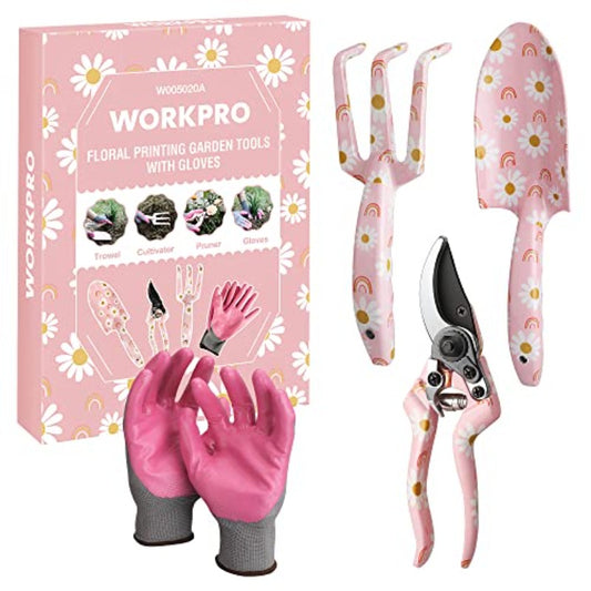 Aluminum Garden Tool Set 4 Piece With Pruning Gloves Trowel Shovel Pruner Rake