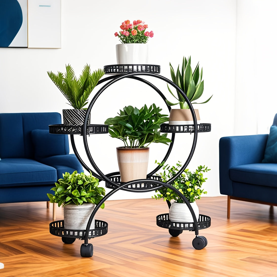 6 Pot Metal Plant Stand With Wheels Wrought Iron Garden Cart For Patio