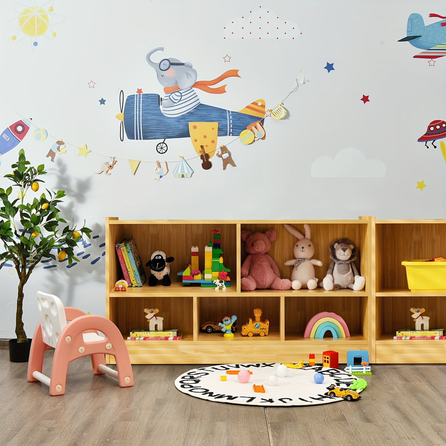 Beige Wooden Toy Storage Cabinet with 2 Shelves And 5 Cubes., Toy Storage Box