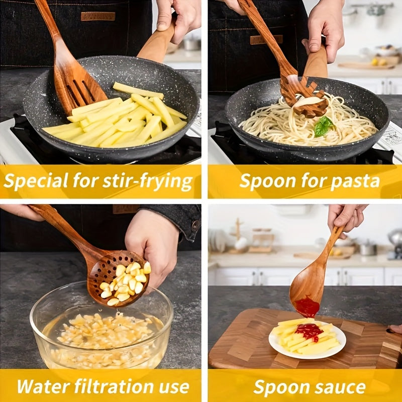 10pcs Quality Teak Cookware Set - Non-stick Friendly, Heat Resistant, Ergonomic Handle, Comfortable Grip - Perfect For Stirring, Baking, Serving And Easy Cooking