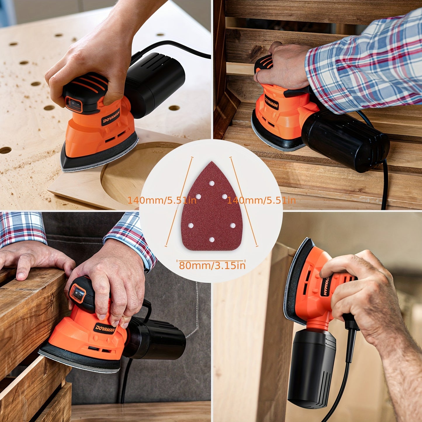 [12pcs, 130W DLS03A Sander] 130W 12000RPM DLS03A Hand Sander | Detail Sander Tool with 12pcs Sandpaper, Efficient Dust Collection System | for Wood and Steel Surfaces