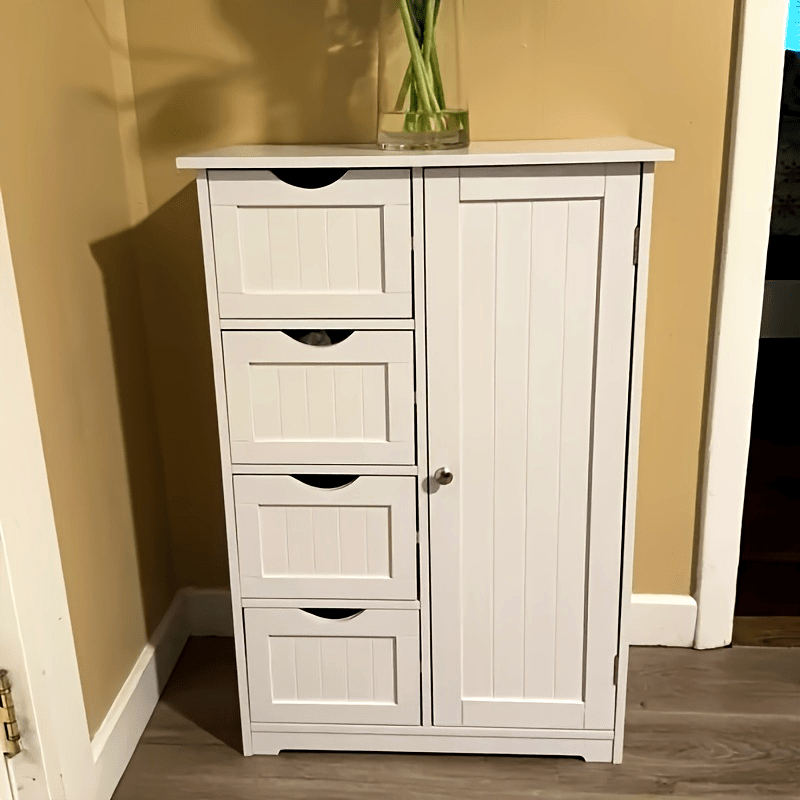 White Bathroom Storage Cabinet With Single Door And 4 Drawers
