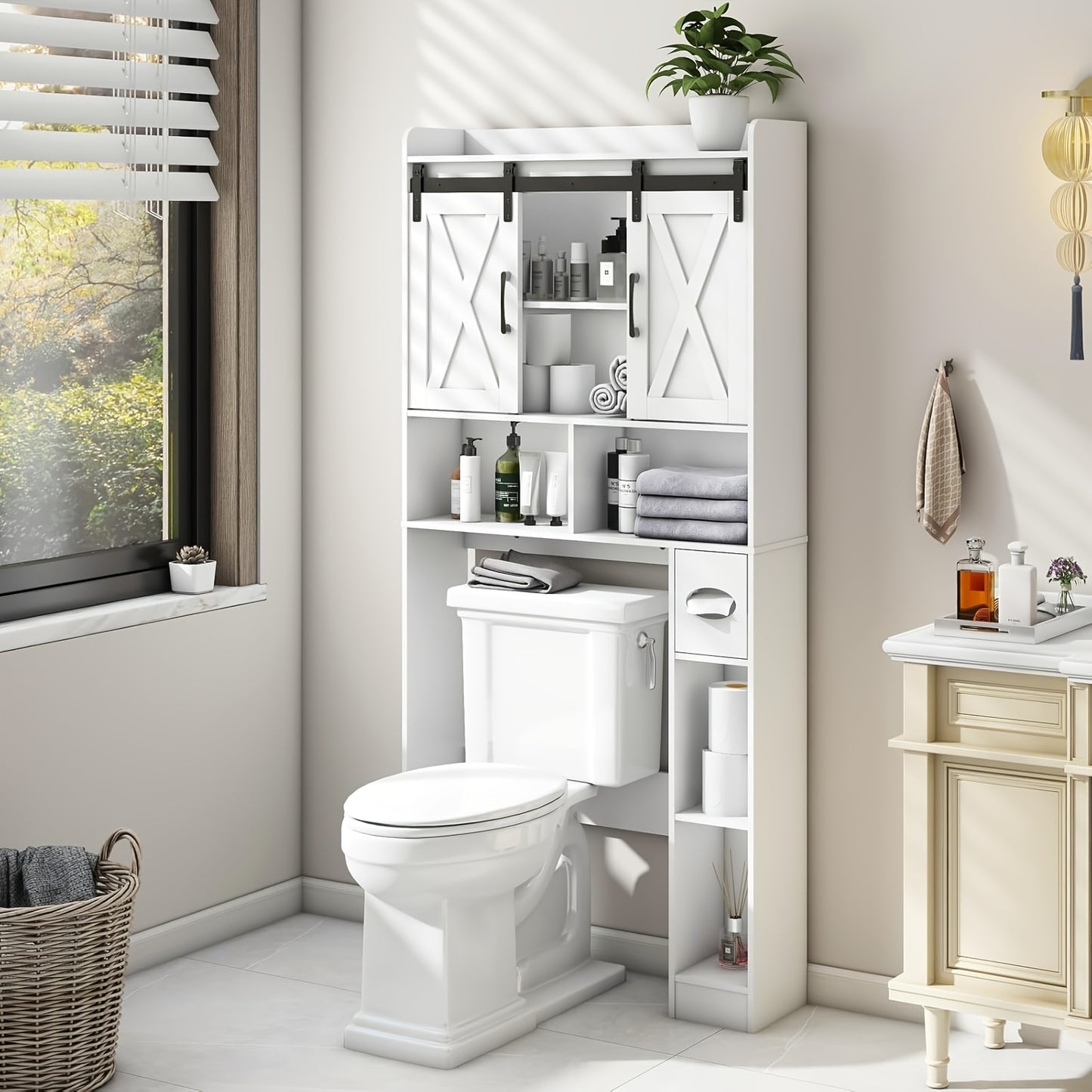 Over The Toilet Storage Cabinet With Toilet Paper Holder Stand Space Saving Grey