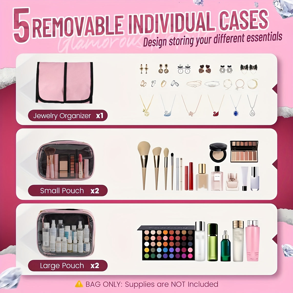 JIASLING Makeup Bag Organizer With 4 Removable Pouches And Jewelry Roll