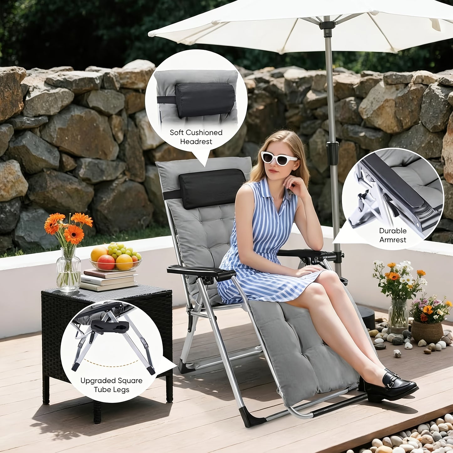 EDX Zero Gravity Recliner With Foldable Headrests Cup Holder Tray Indoor Outdoor