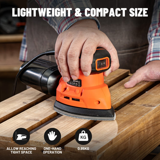 [12pcs, 130W DLS03A Sander] 130W 12000RPM DLS03A Hand Sander | Detail Sander Tool with 12pcs Sandpaper, Efficient Dust Collection System | for Wood and Steel Surfaces