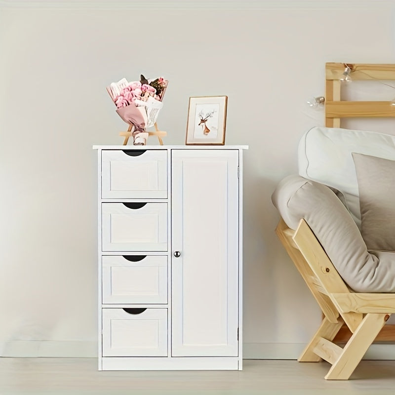 White Bathroom Storage Cabinet With Single Door And 4 Drawers