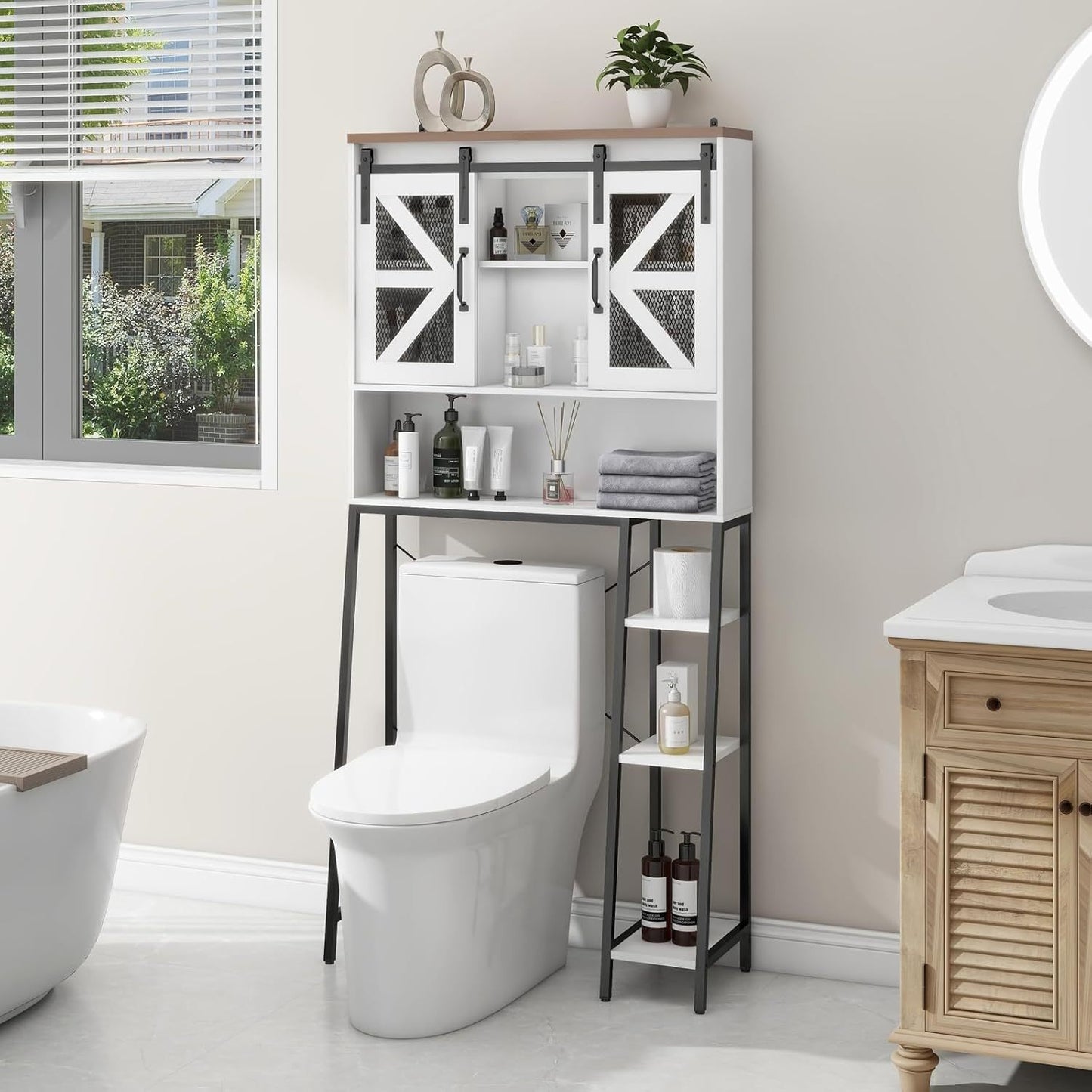Over Toilet Storage Cabinet with Sliding Barn Door Space Saving Bathroom Organizer for Restroom Laundry Coffee Tree Engineered Wood Construction Home Storage Solution