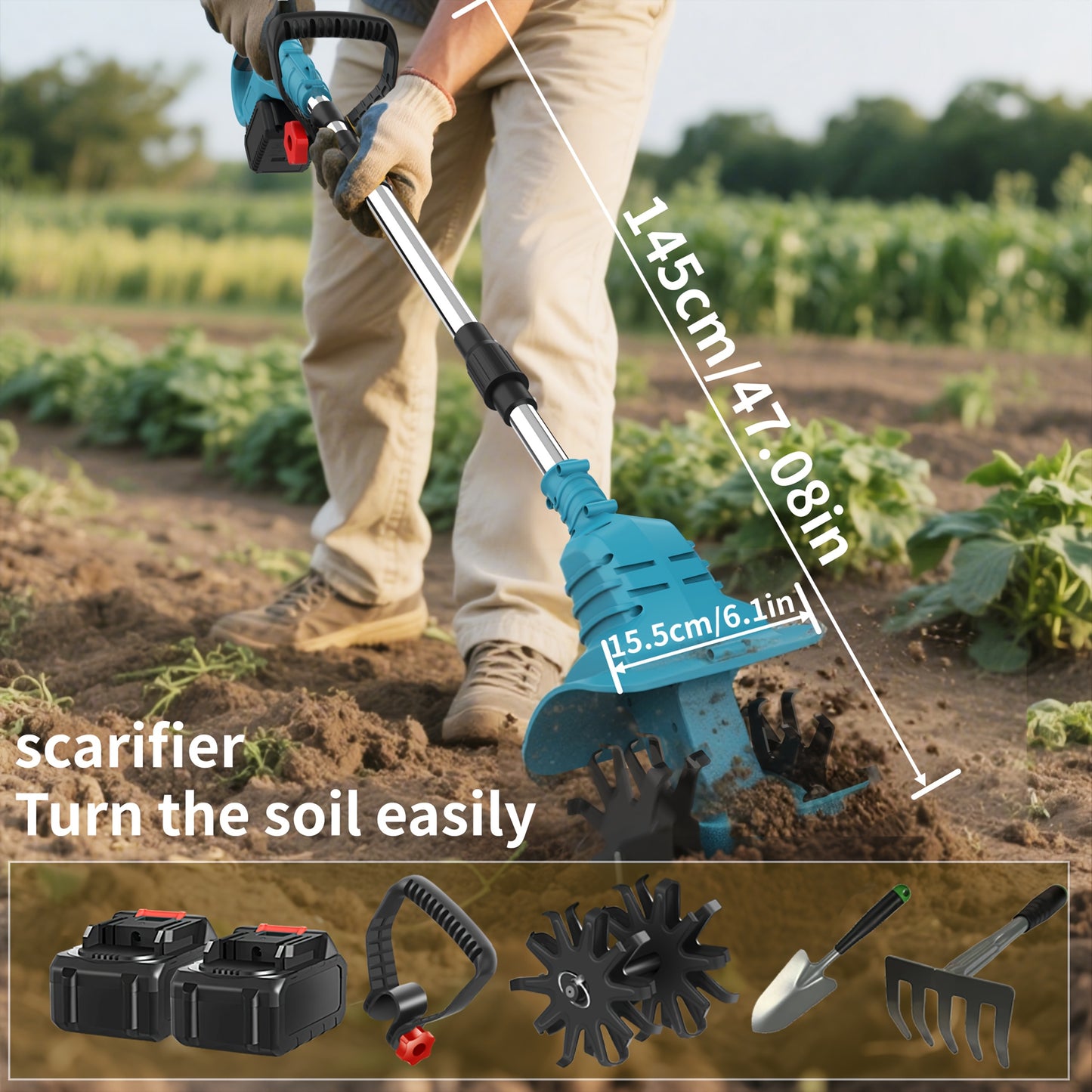 21V Cordless Tiller And Garden Scarifier 270 RPM With 2 Batteries And Charger