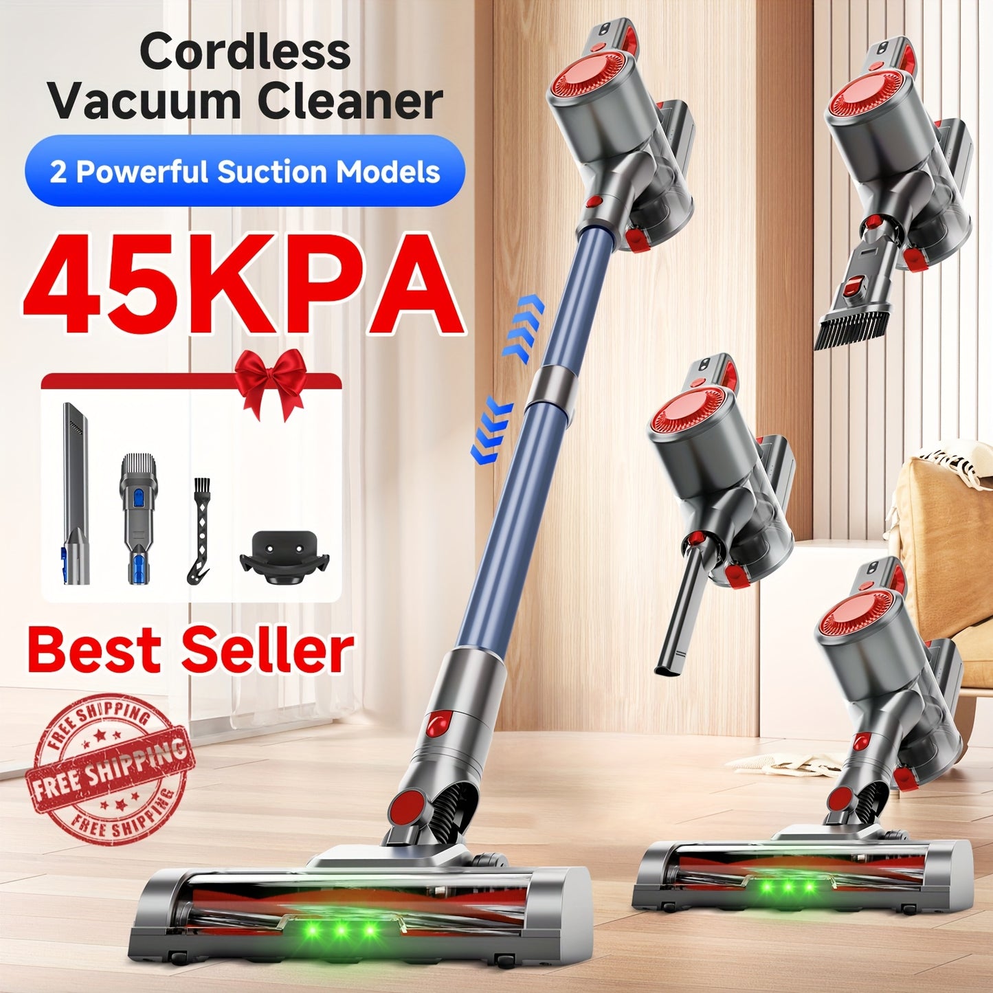 35-45 KPA Cordless Lightweight Vacuum Cleaner With Upgraded Green LED, Anti-tangle Brush, Removable Battery, Multiple Suction Levels, Up To 45 Minutes Of Battery Life, Women's Car Accessories, Vacuum Cleaner For Carpets, Pet