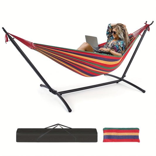 Double Hammock With Space Saving Stand Colorful Stripes 450lbs Capacity Portable
