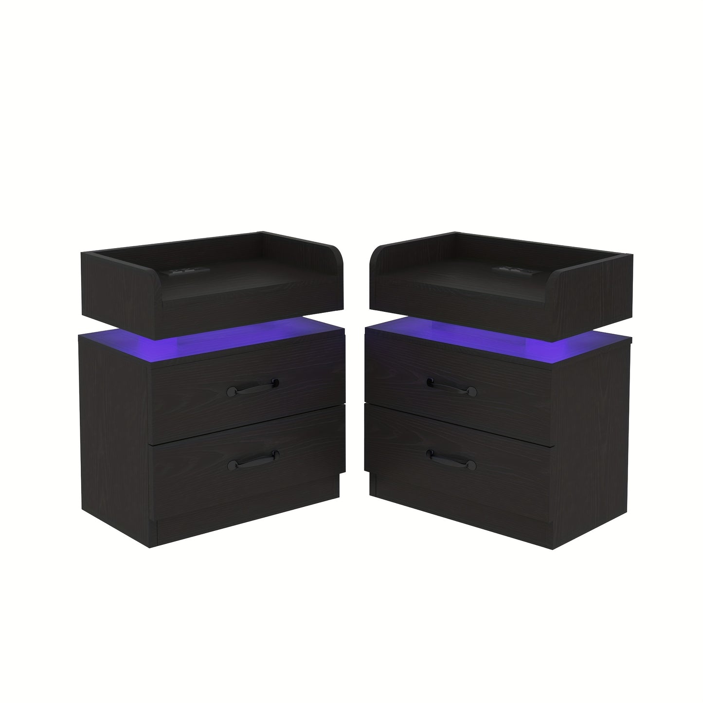 Nightstand With Charging Station And LED Lights Modern End Table With 2 Drawers