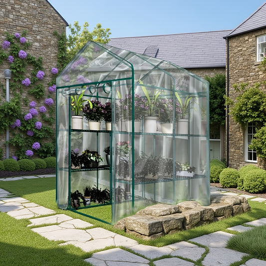 Four Tier Mini Portable Walk In Bell Shape Greenhouse Clear PVC Cover Wheels
