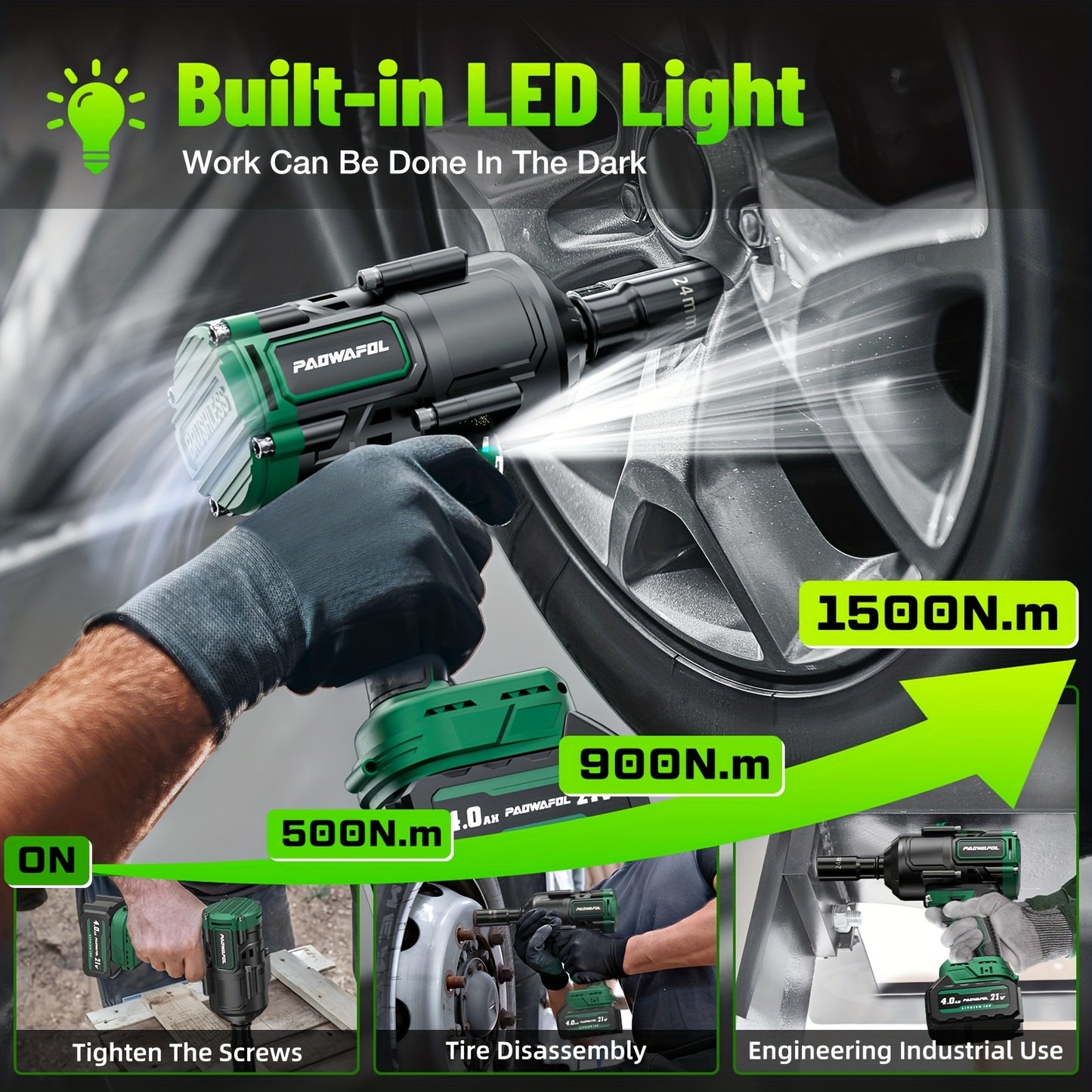 Cordless Impact Wrench 21V 1500Nm Torque Half Inch Drive With 2 Batteries Case