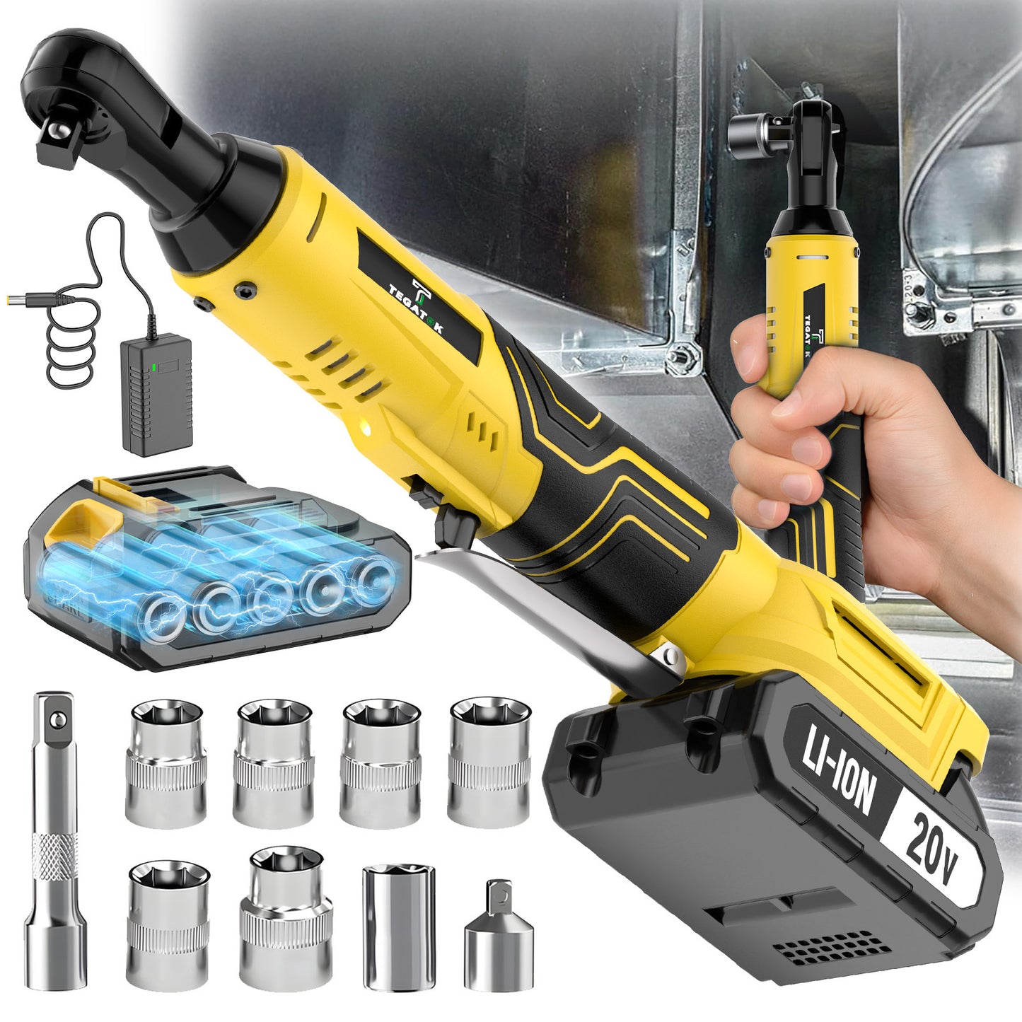 Rechargeable 12V 20V Cordless Ratchet Wrench Kit Variable Speed High Torque