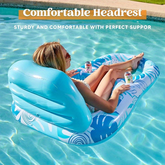 SYNCFUN Deluxe Inflatable Pool Lounger for Adults - Tropical Blue & White Leaf Design, Zero-Gravity Comfort with Foot Rest, Cool Mesh Seat & Dual Cup Holders, Perfect for Summer Pool Parties & Relaxation, Pool Floats