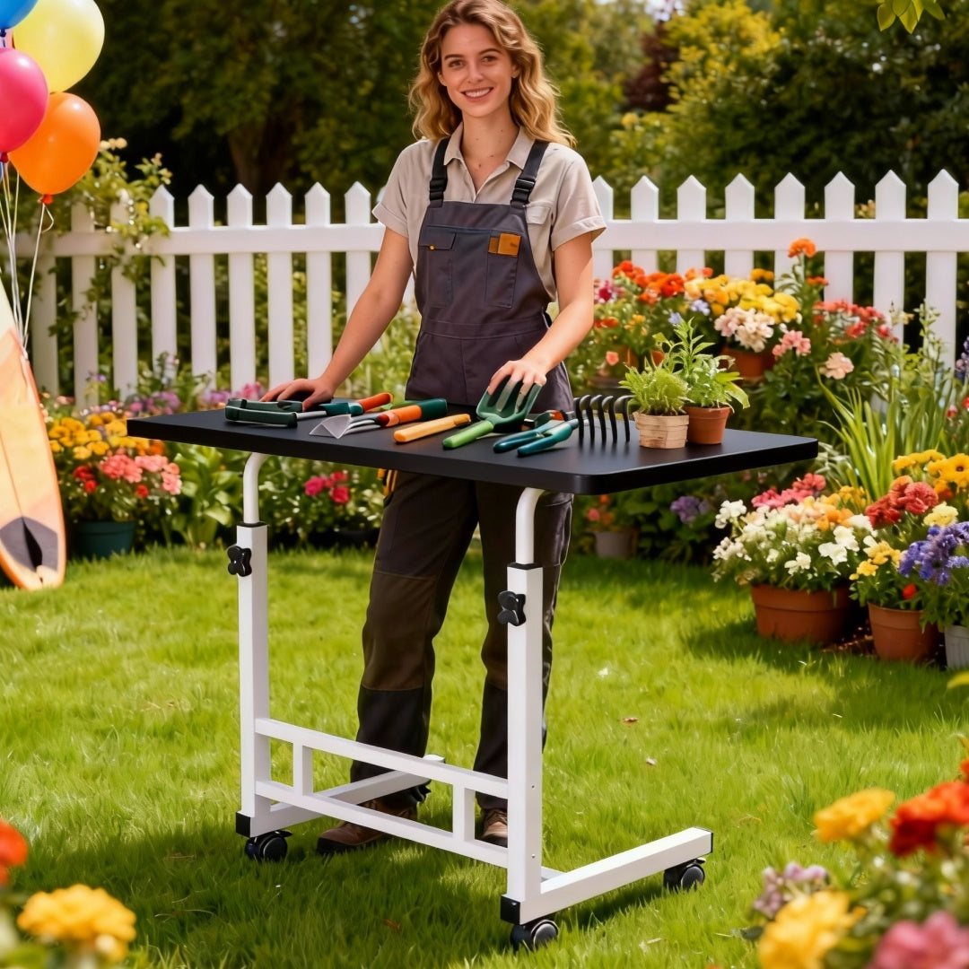 Sturdy Adjustable Height Garden Workbench With Lockable Wheels Metal Frame
