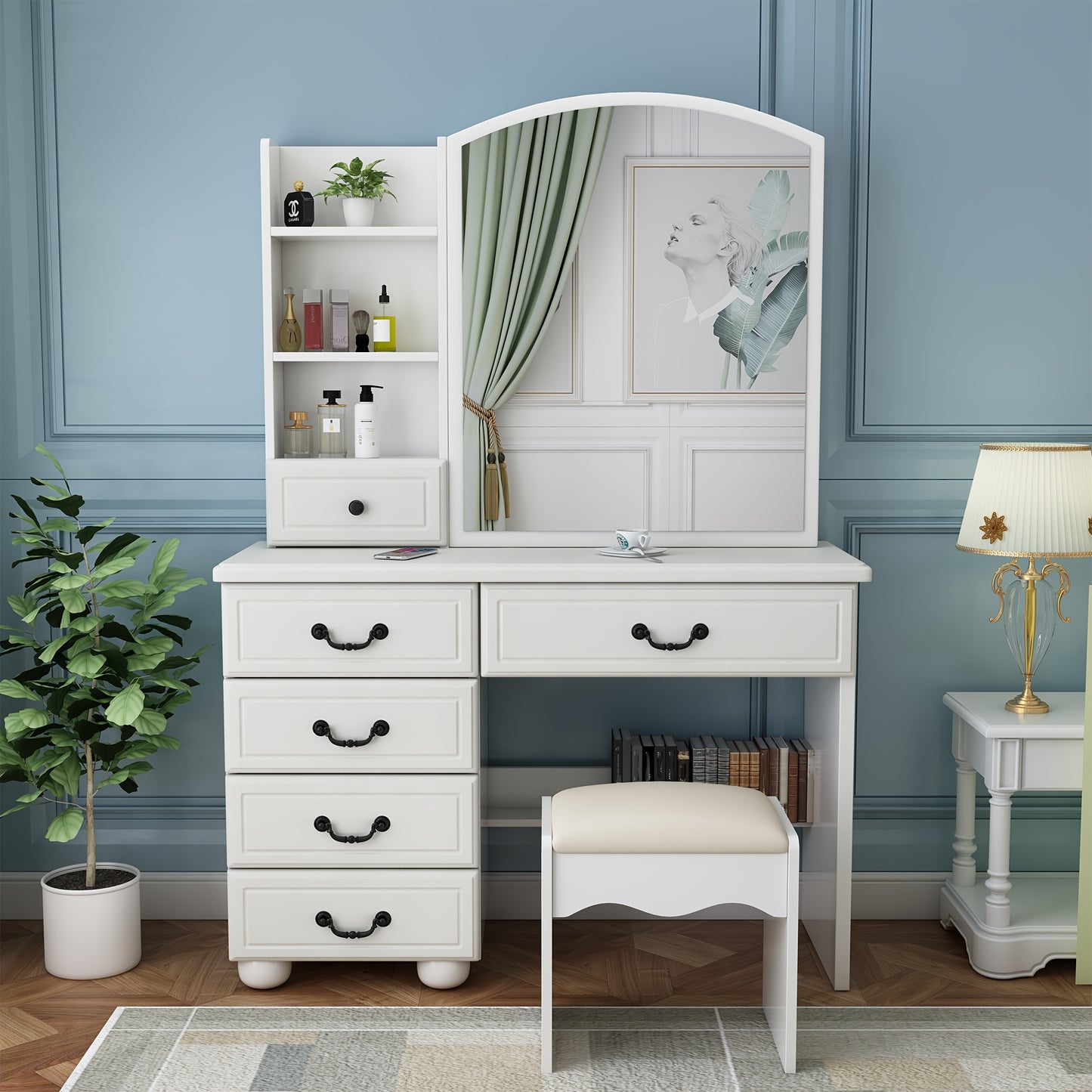 White Dressing Table With Mirror And 6 Drawers Vanity Desk