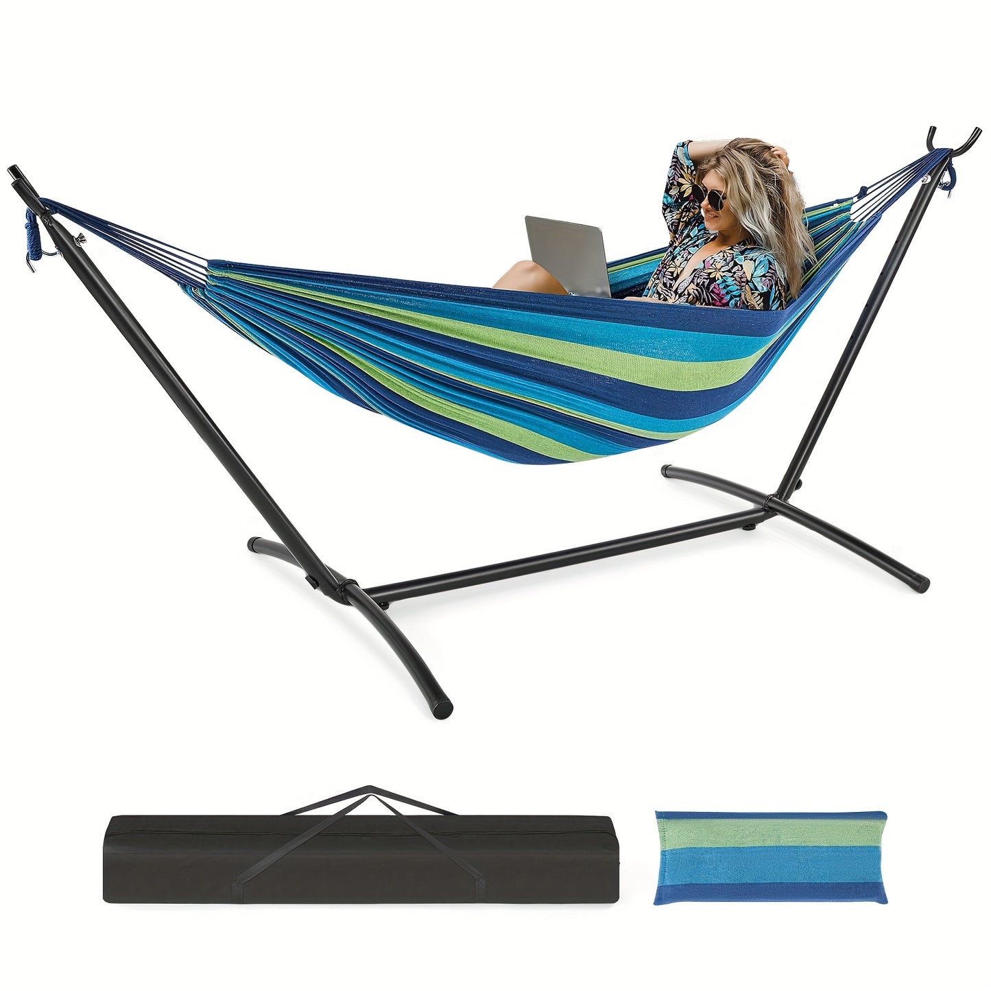 Double Hammock With Space Saving Stand Colorful Stripes 450lbs Capacity Portable
