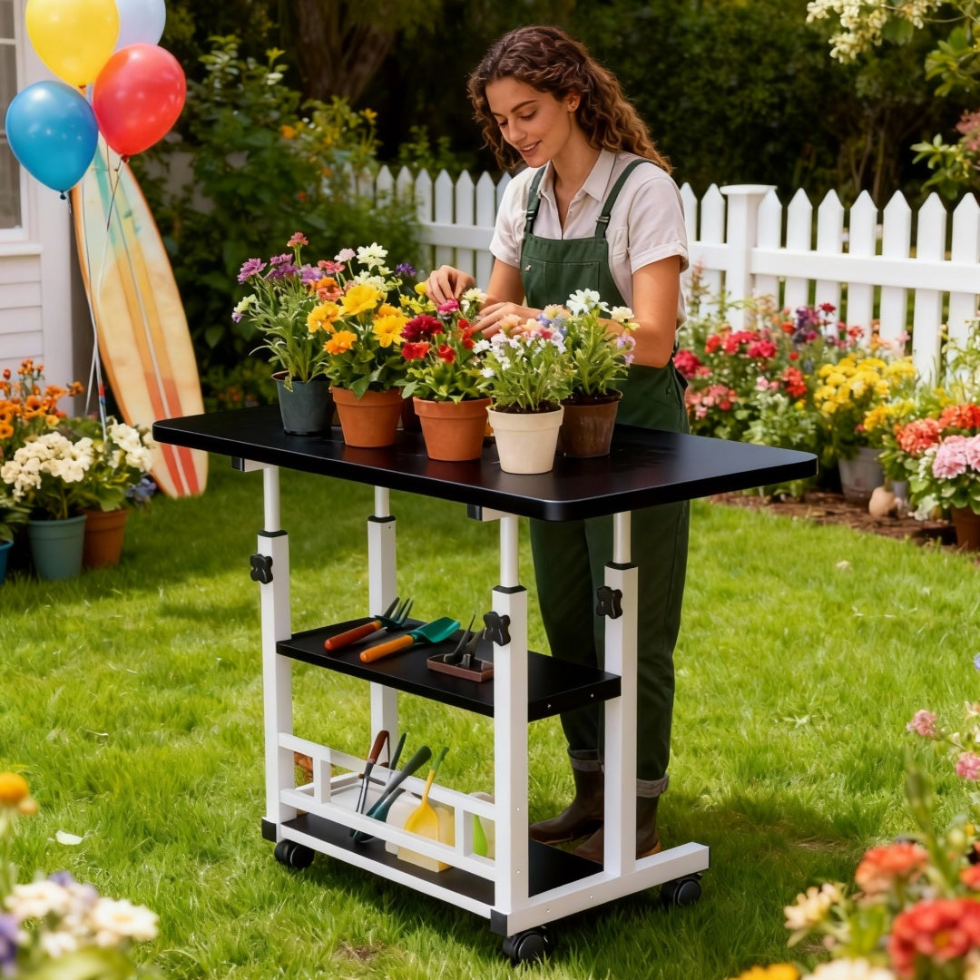 Sturdy Adjustable Height Garden Workbench With Lockable Wheels Metal Frame