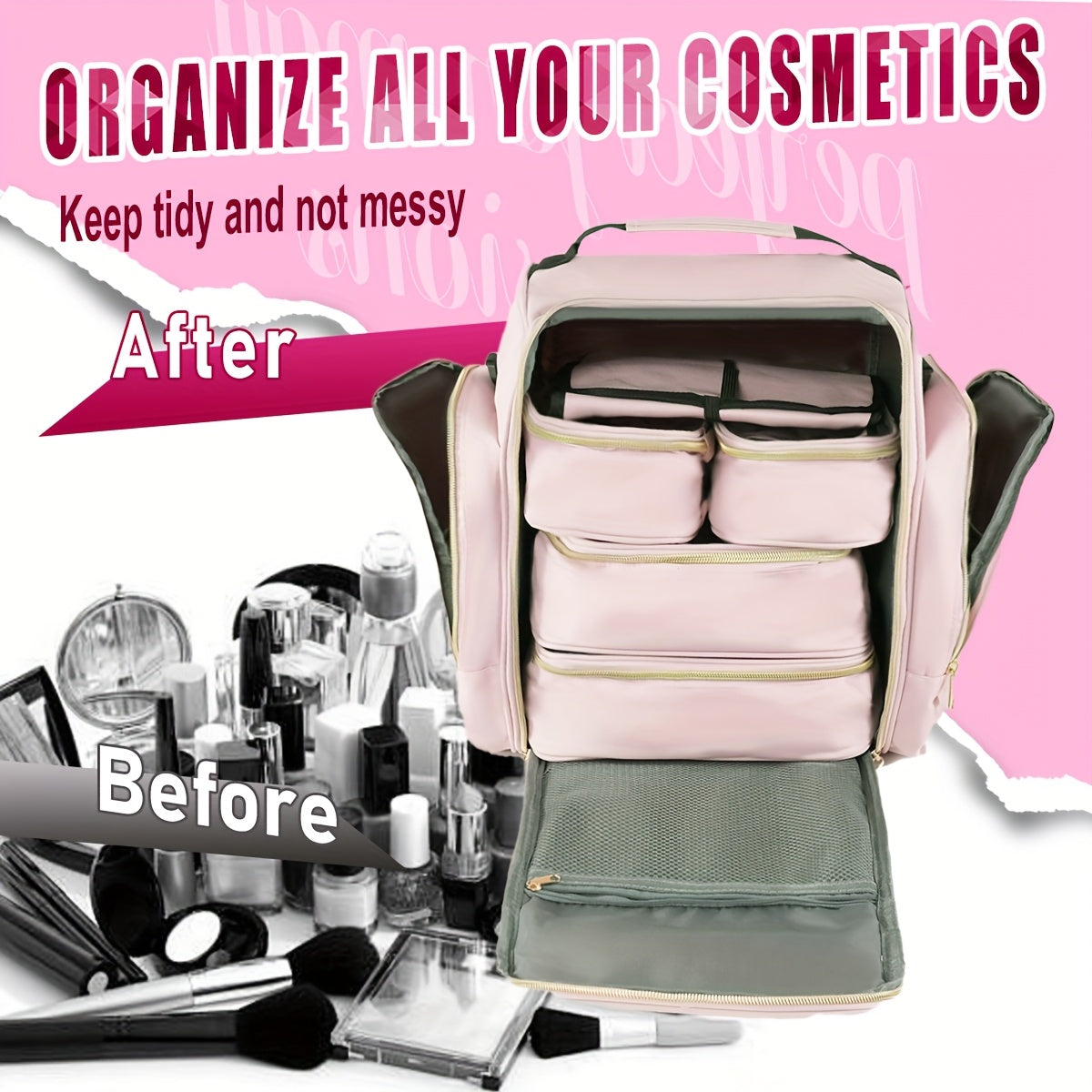 JIASLING Makeup Bag Organizer With 4 Removable Pouches And Jewelry Roll