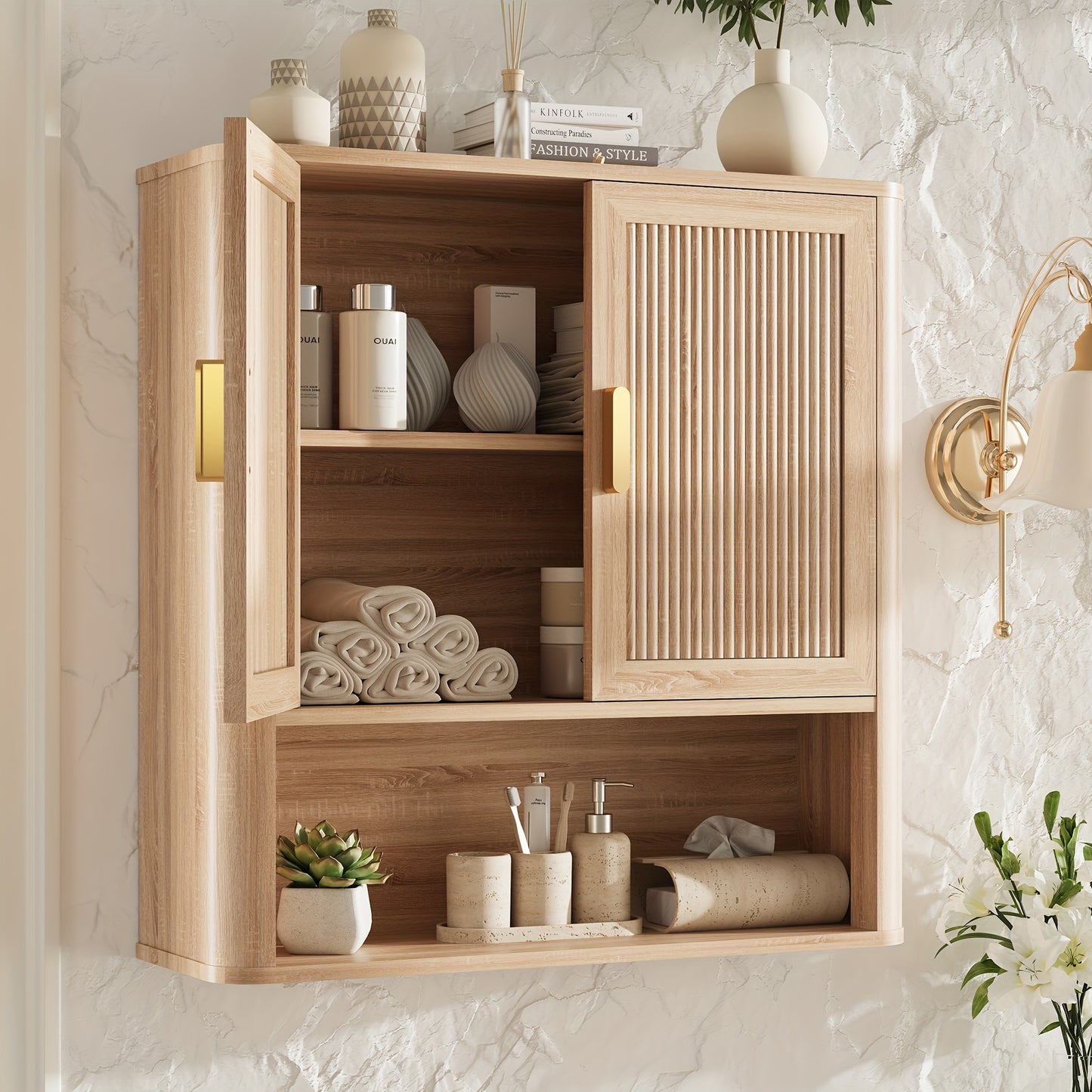 Natural Oak Wood Doors Over Toilet Storage Cabinet With Adjustable Shelves