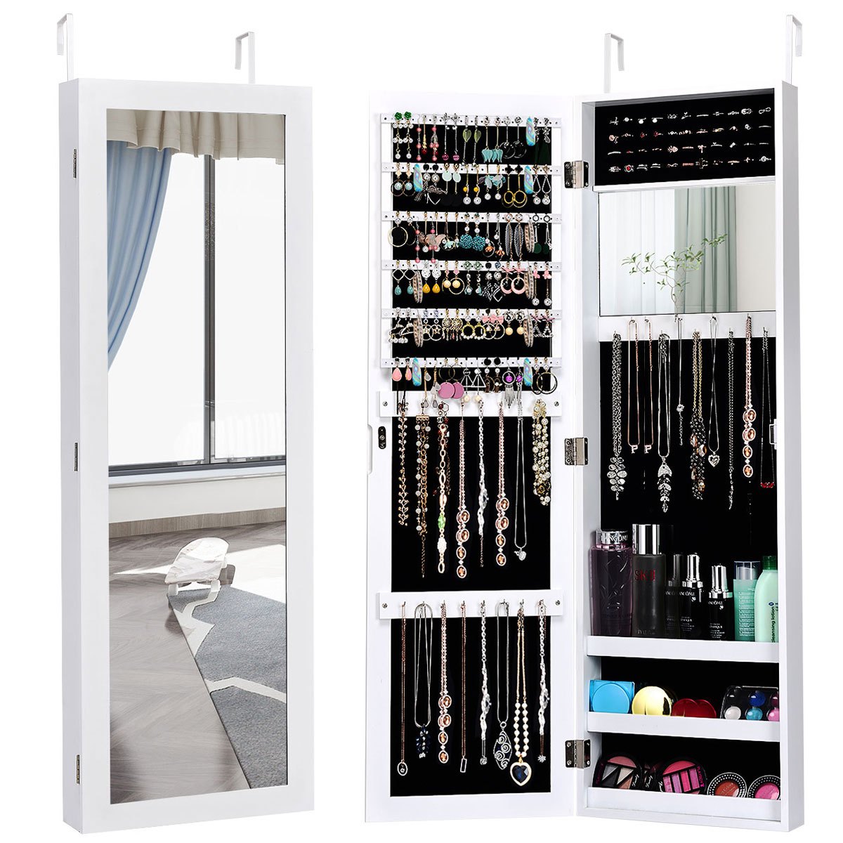 COSTWAY Jewelry Armoire Wall Mounted Cabinet With Full Length Mirror