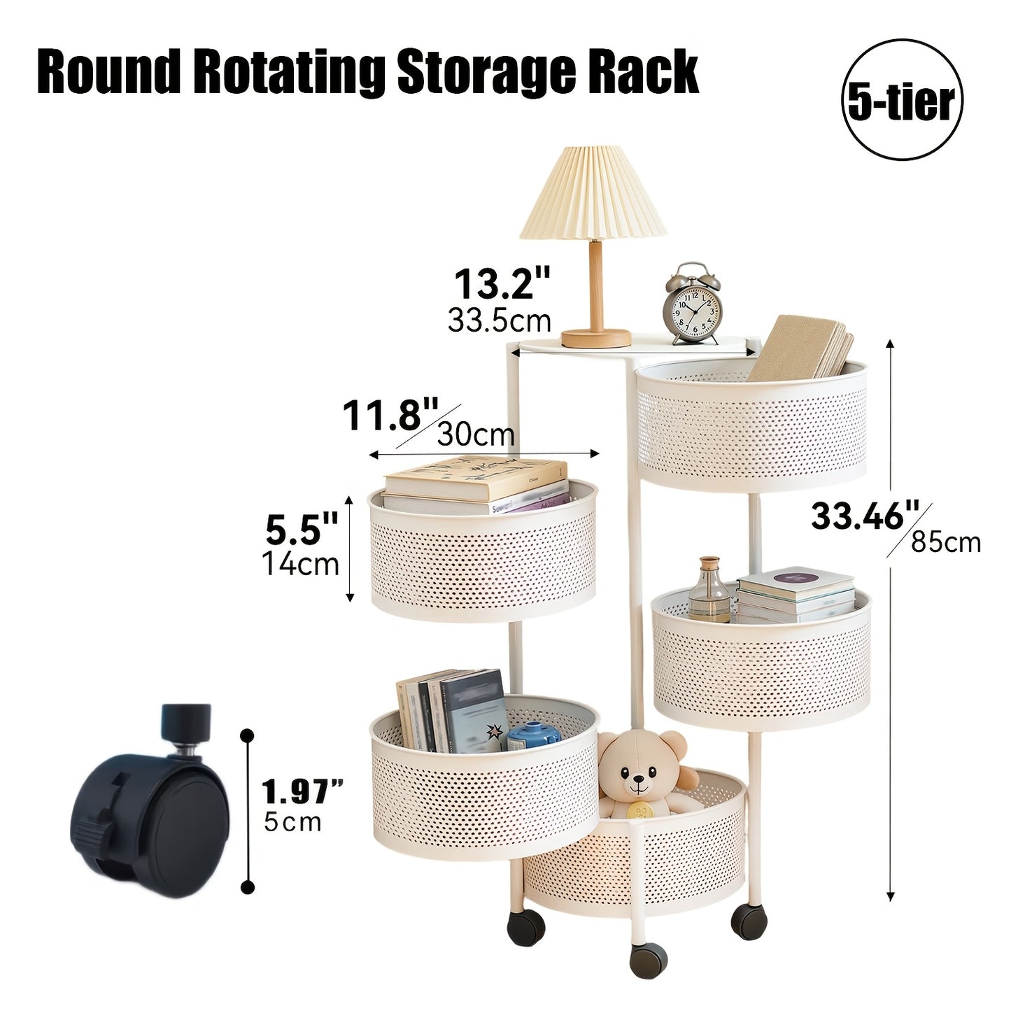 5 Tier Rotating Storage Shelf With Rolling Baskets Metal Mobile Bookcase Office