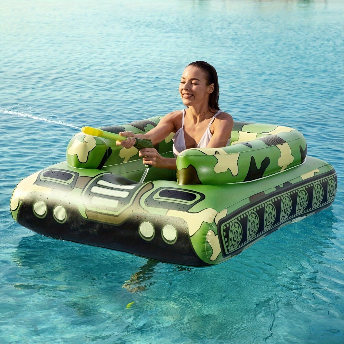 57-Inch XL Camouflage Inflatable Tank Pool Float For Adults - Heavy-Duty PVC Swimming Pool Floaties Swim Raft Floaty With Water Cannon, Ride-On Design Summer Water Toy For Pool, Lake & Beach Parties