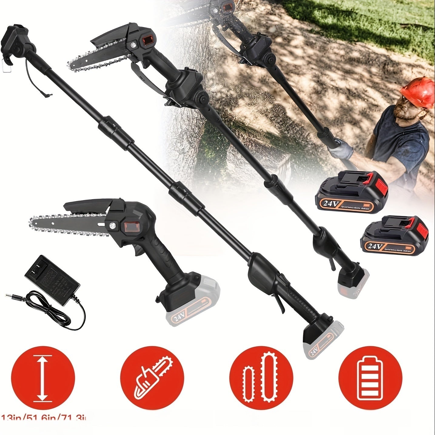13ft Reach Cordless Pole Saw, 2-in-1 Battery Powered Tree Trimming - Retractable And Foldable Electric Pole Chainsaw - With 2 Chains, 2 Batteries, 3 Extension Rod, 2Pcs 1500mAh Batteries 4in/6in Chains