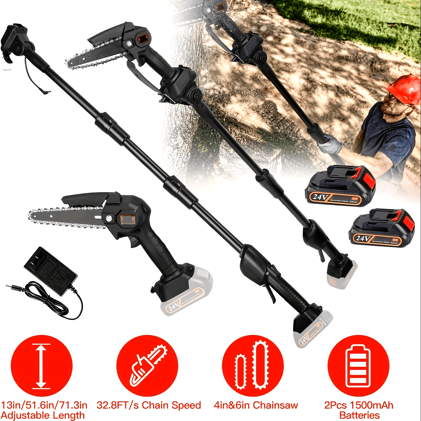 13ft Reach Cordless Pole Saw, 2-in-1 Battery Powered Tree Trimming - Retractable And Foldable Electric Pole Chainsaw - With 2 Chains, 2 Batteries, 3 Extension Rod, 2Pcs 1500mAh Batteries 4in/6in Chains