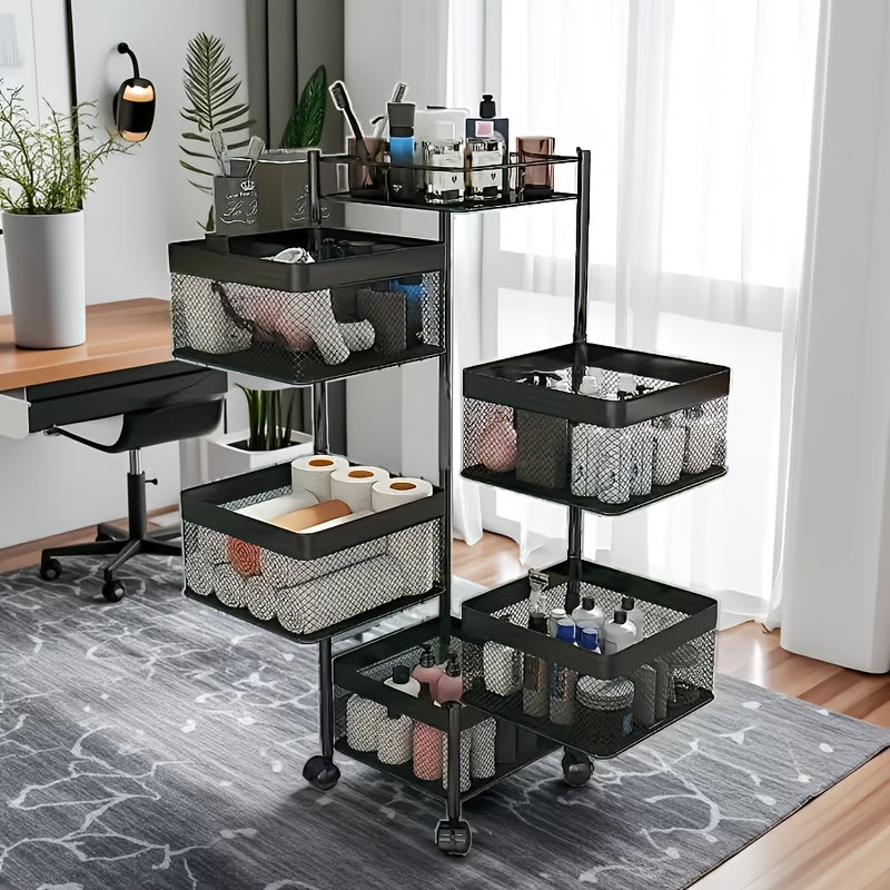 5 Tier Rotating Storage Shelf With Rolling Baskets Metal Mobile Bookcase Office
