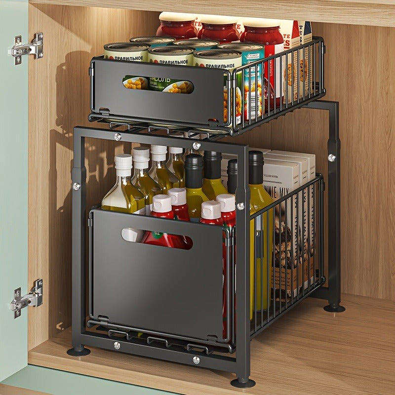 Two Level Pull Out Under Sink Organizer Carbon Steel For Kitchen Bath Storage