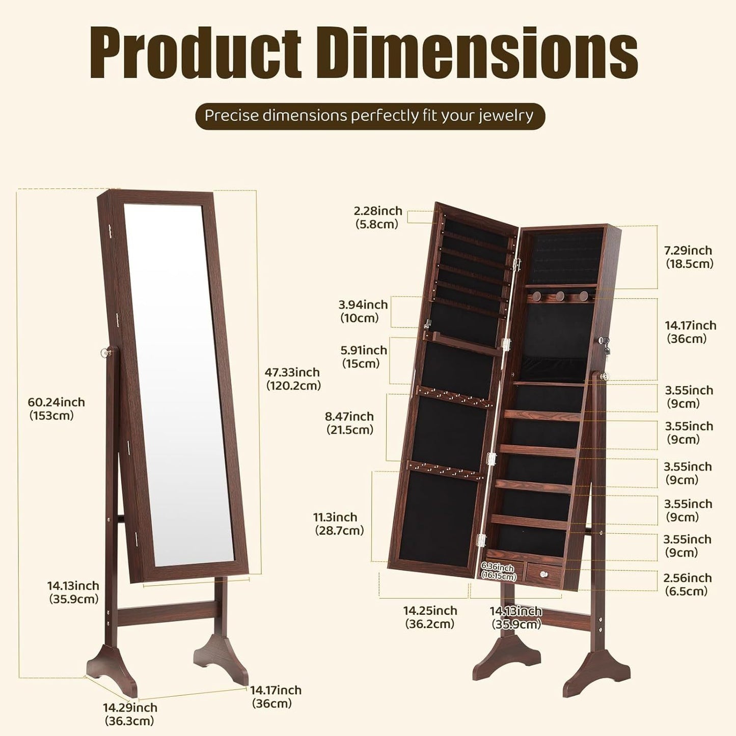 60 Inch Jewelry Armoire With Full Length Mirror And Lockable Velvet Lining