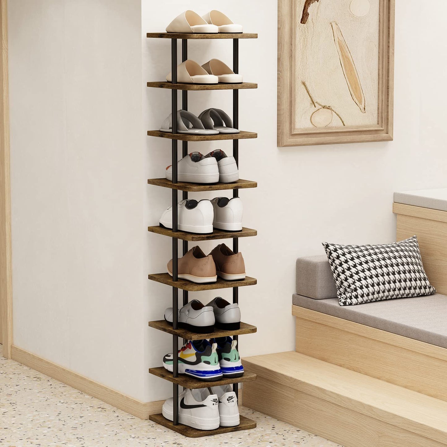 9 Tier Narrow Metal Shoe Rack - Modern Free Standing Vertical Storage Organizer for Closet Entryway Bedroom