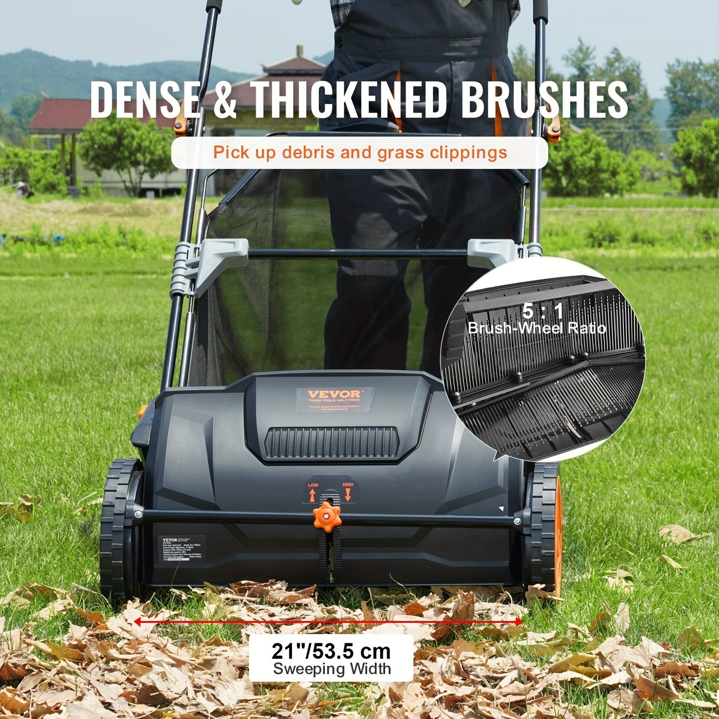 VEVOR Push Lawn Sweeper 21 Inch Leaf And Grass Collector 3.5 CuFt Hopper Brushes