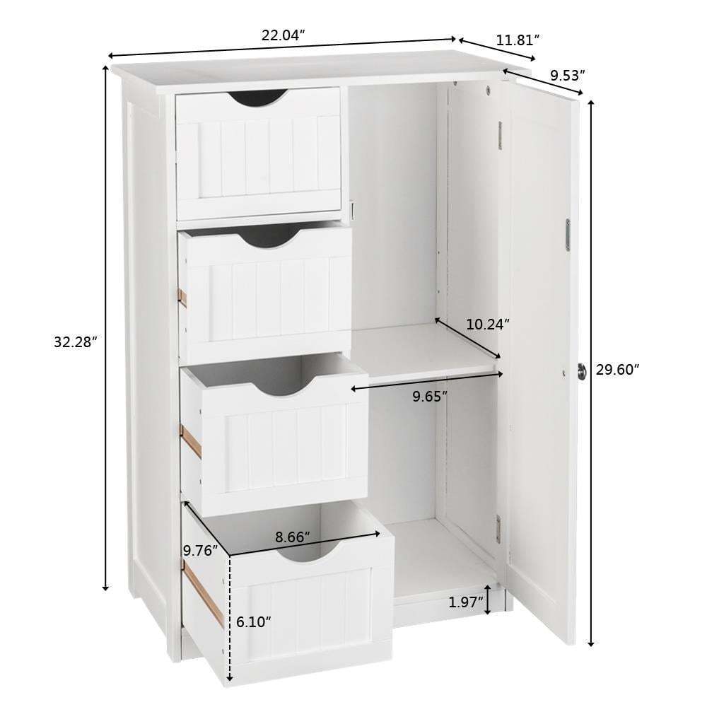 White Bathroom Floor Cabinet Side Storage With 4 Drawers 1 Cupboard 2 Shelves