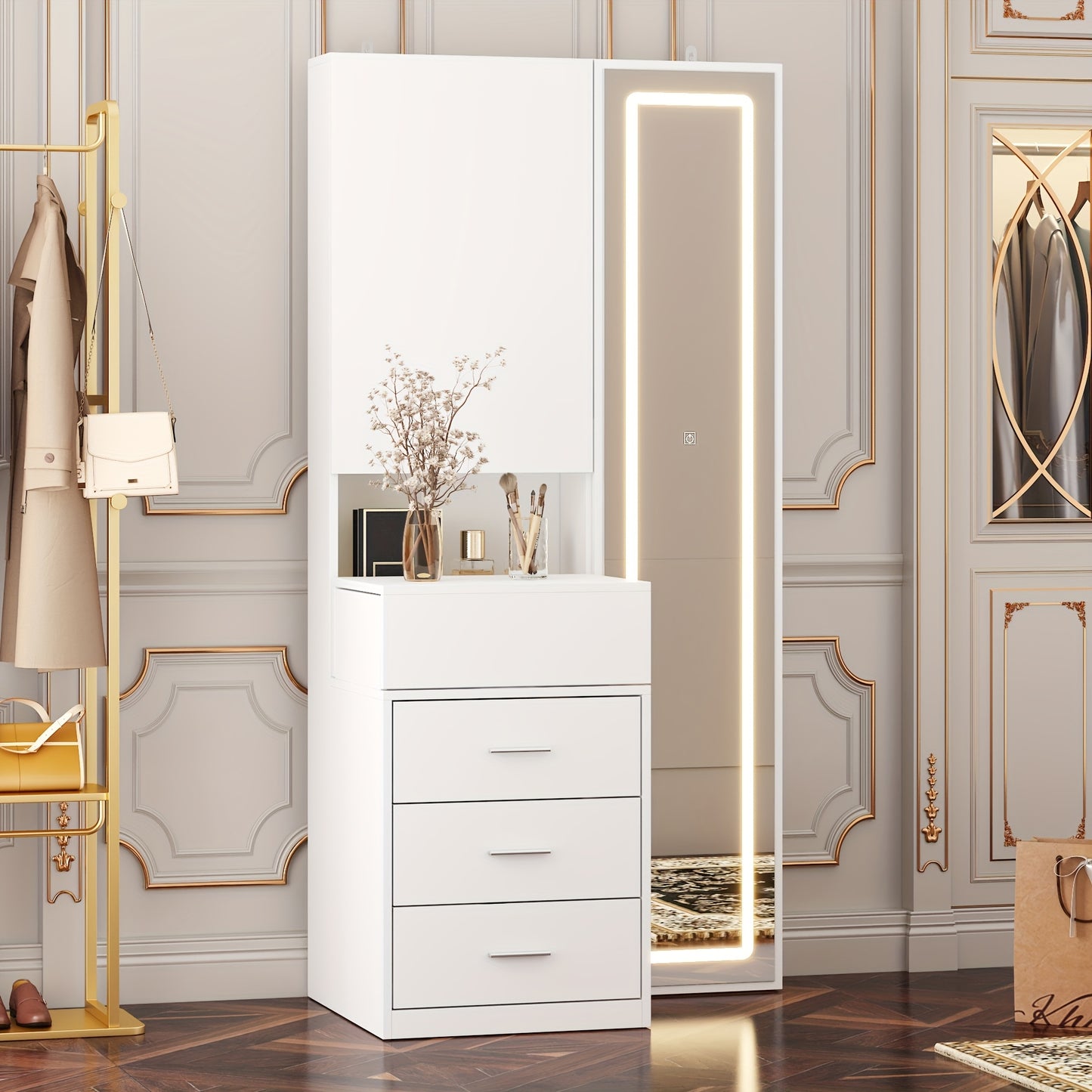 Modern Vanity Table With Drawers And Illuminated Full Body Mirror White