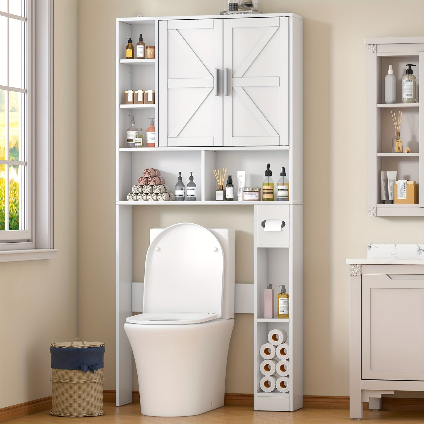 Over Toilet Storage Cabinet Farmhouse Two Barn Doors Toilet Paper Holder White